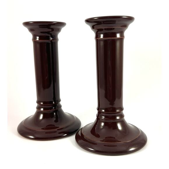 Discontinued Royal Doulton- England - Pottery Candlesticks- Glossy Brown Glaze - Picture 1 of 3